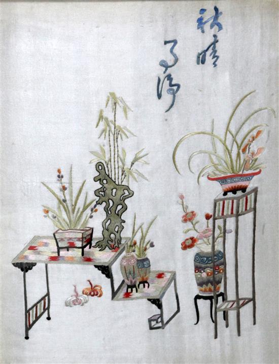 A pair of Chinese embroidered silk still lifes, early 20th century, 45.5 x 36.5cm, framed and glazed
